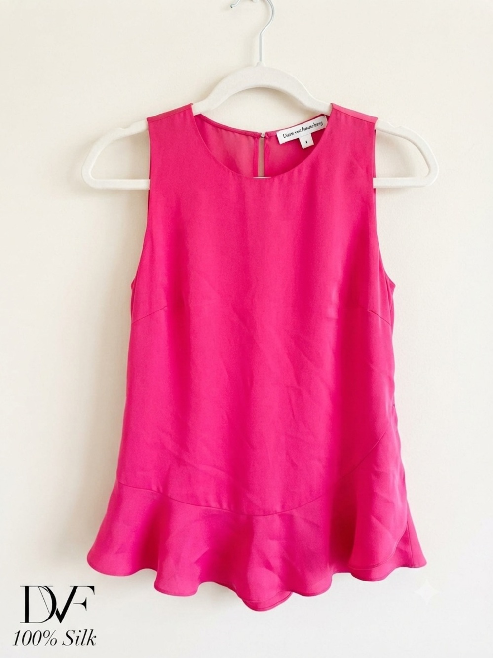 Diane von Furstenberg DVF Hot Pink 100% Silk Ruffle Hem Tank Top Petite P